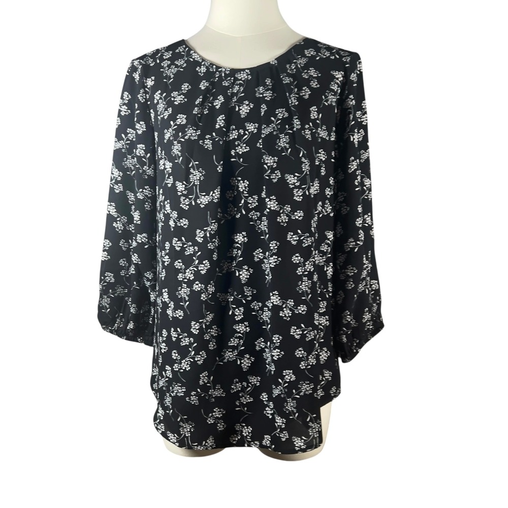 41 Hawthorn Floral Blouse Womens Small 3/4 Sleeve Black White Career Pleated NEW